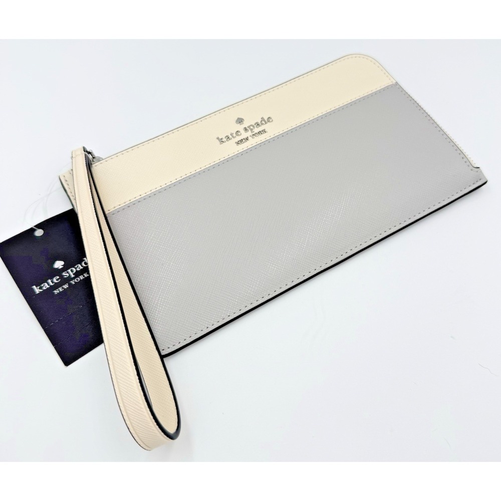 Kate Spade Lucy L Zip Wristlet Platinum Grey Multi Saffiano Leather NWT